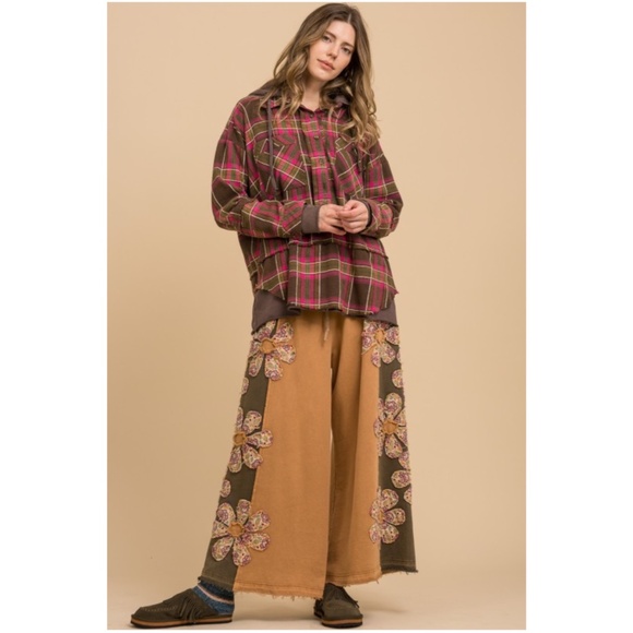 Bluevelvet Rust Floral Patchwork Raw hem Wide Leg Cotton Lounge Pants - Picture 2 of 6